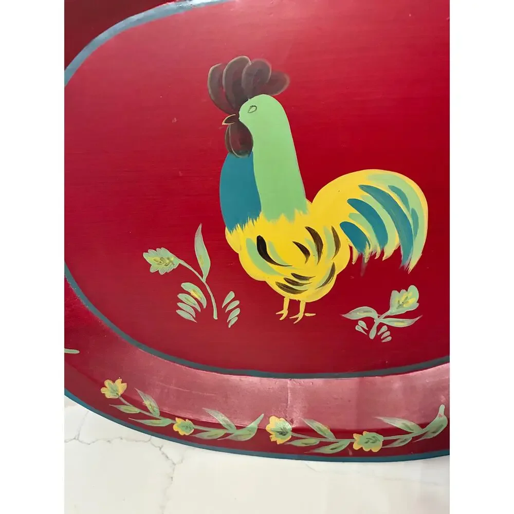 Tole Rooster Serving Tray Metal Oval Painted Red Large Vintage Farmhouse Cottage